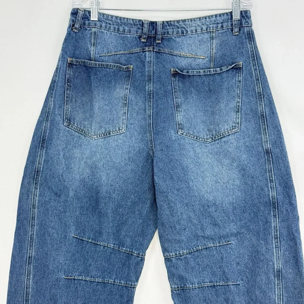 Women’s Blue Denim Barrel Leg Jeans Size 12 High Rise Wide Leg Trendy - Picture 6 of 16